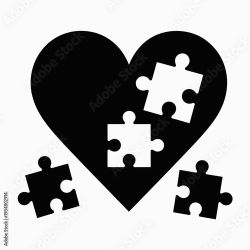 A silhouette of a heart with missing puzzle pieces illustrates the concept of love and completeness.