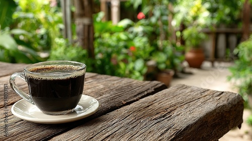 Hot black coffee cup on wooden table in tranquil garden