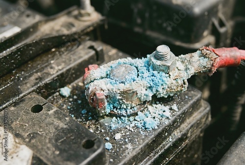 Extreme macro close up of a severely corroded car battery terminal with acid buildup