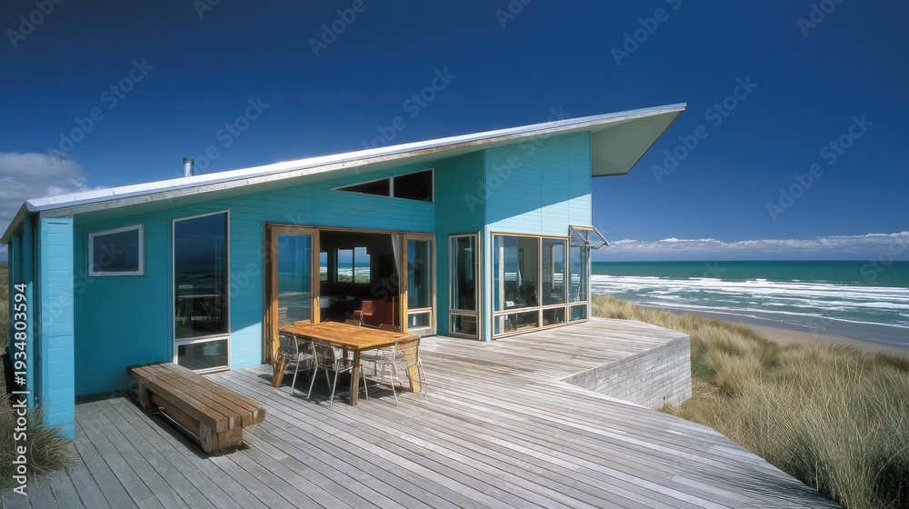 Fototapeta premium Modern coastal dwelling features expansive outdoor decking overlooking a sunny ocean horizon