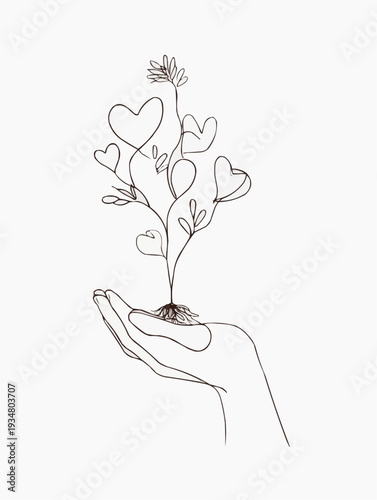 Continuous one line drawing of a hand holding a plant with heart leaves. Minimalist vector illustration for love and growth.