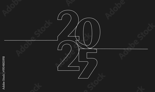 2025 year in continuous line art drawing style on black background. Modern minimalist design representing future, new year, and business.