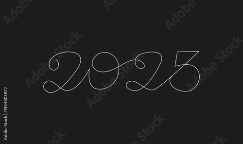 2023 New Year Continuous Line Art Design. Elegant Monoline Typography on Black Background.