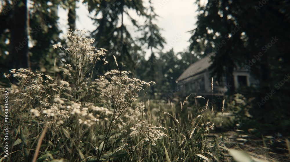 Obraz premium Overgrown wilderness foliage partially obscures a rustic dwelling nestled among tall evergreen trees.