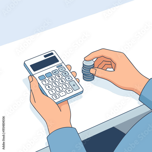 Illustration of hands using a calculator while stacking coins, representing personal budgeting, expense tracking, savings planning, and everyday financial management.
