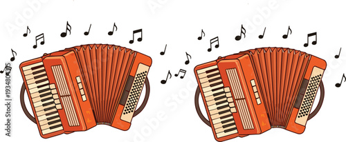 Accordion Musical Instrument Vector Illustration with Floating Music Notes, Classic Folk Music Concept Design