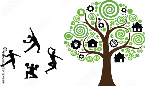 Active Lifestyle Silhouettes with Sports Figures and Eco Tree with Homes and Gears Vector Illustration