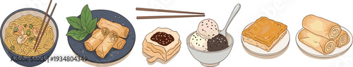 Asian Food and Dessert Vector Set with Noodles, Spring Rolls, Ice Cream and Pastry Illustration Collection