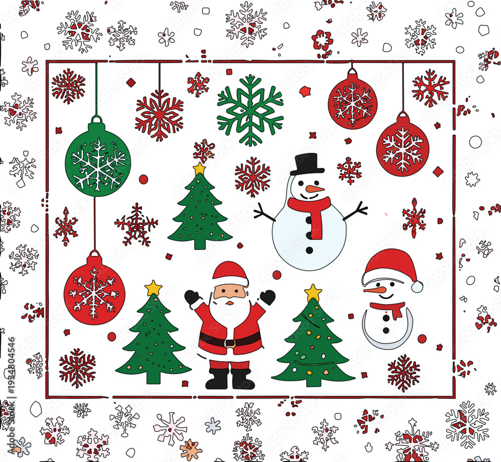 Naklejka premium Christmas Holiday Vector Illustration with Santa Claus Snowman Christmas Trees Baubles and Snowflakes Festive Winter Design