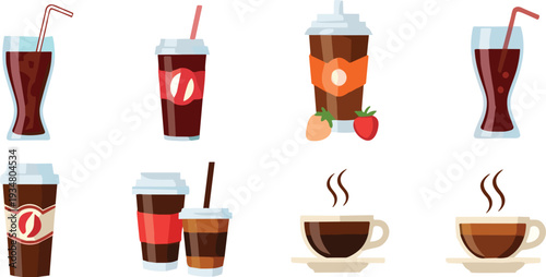 Coffee and Soft Drink Vector Set with Takeaway Cups, Soda Glasses and Hot Beverage Illustration Collection