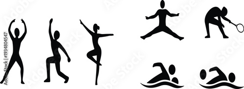 Collection of Black Silhouette Sports and Fitness Activities Including Yoga Dance Tennis and Swimming Vector Icons Set