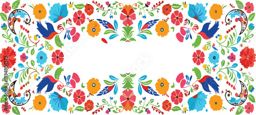 Colorful Folk Art Floral Border Vector Illustration with Birds, Flowers and Decorative Ethnic Ornament Frame