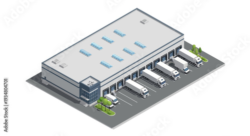 Modern warehouse building with loading docks and trucks, logistic center aerial view, distribution hub illustration