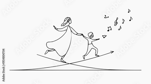 Mother and son holding hands in a continuous line drawing, walking on a path with music notes.