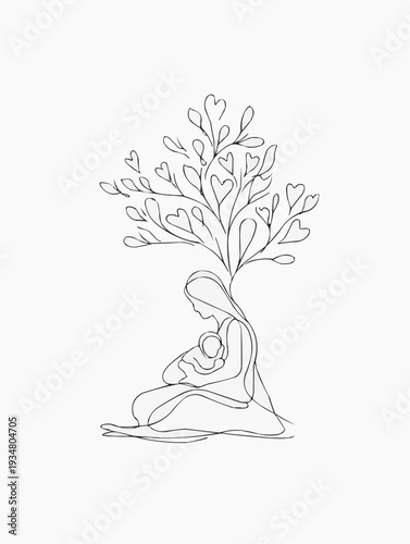 Continuous line drawing of a mother holding her baby, sitting under a tree with heart-shaped leaves. Minimalist vector art of motherhood and love.