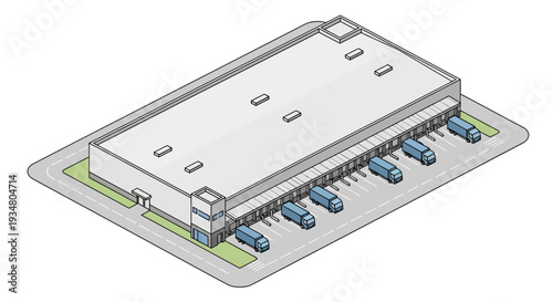 Isometric view of a modern distribution center with multiple loading docks and trucks ready for delivery
