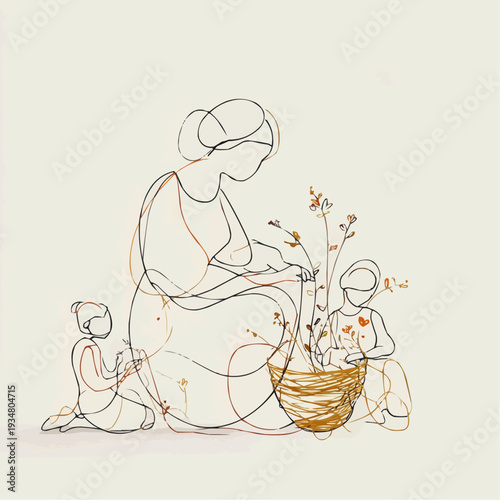 Elegant one-line drawing of a mother with two children weaving a basket. Minimalist vector art.