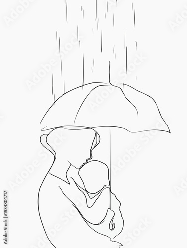 Mother protecting child with umbrella in rain. Minimalist continuous line art.
