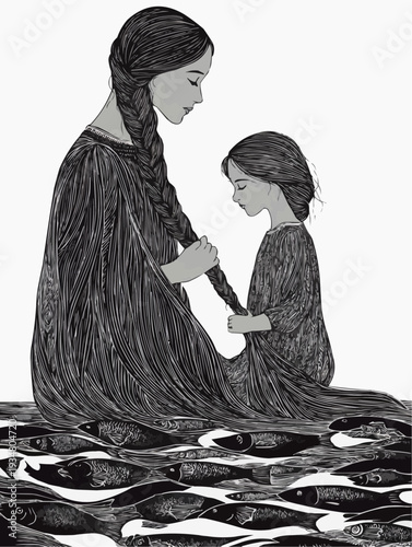 Mother braiding daughter's hair in a surreal river of fish. Monochromatic linocut style illustration.
