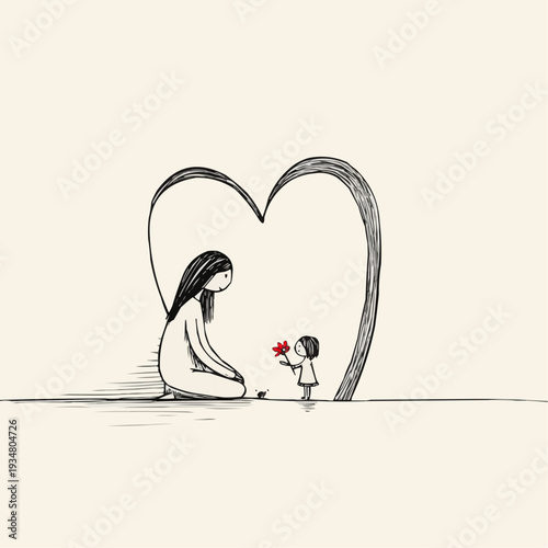 Minimalist sketch of a daughter giving her mother a red flower, framed by a heart.
