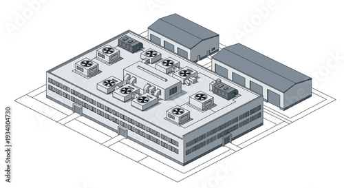Industrial complex with ventilation systems and storage units, illustration in isometric view