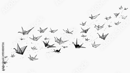 Hand-drawn flock of origami paper cranes in flight. Sketchy vector illustration.
