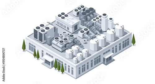 Industrial building with HVAC units and chemical storage tanks, symbolizing manufacturing and production processes
