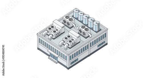Isometric view of a commercial building rooftop with HVAC units and ventilation systems for industrial facilities