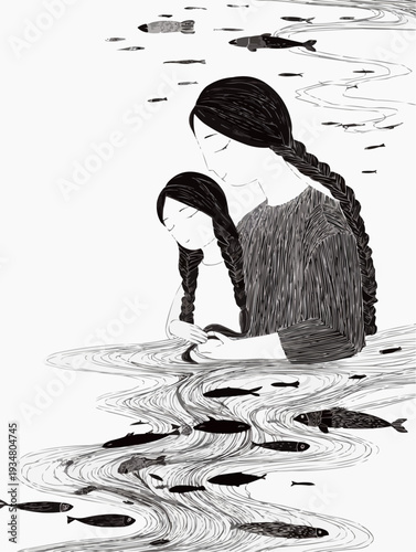 Mother and daughter embracing in a river of fish, a hand-drawn black and white naive style illustration.