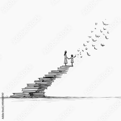 Conceptual illustration of a mother and child on a staircase of books, symbolizing knowledge, imagination, and freedom.