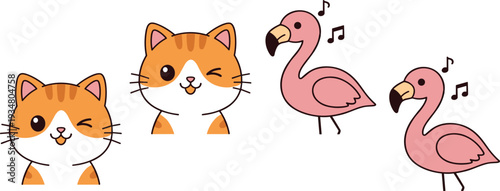 Cute Cat Face and Pink Flamingo Cartoon Animal Vector Illustration Set for Kids Nursery Design