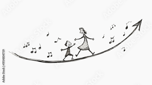 Hand-drawn naive illustration of a mother and child walking up a growth arrow with music notes, symbolizing a joyful journey together.