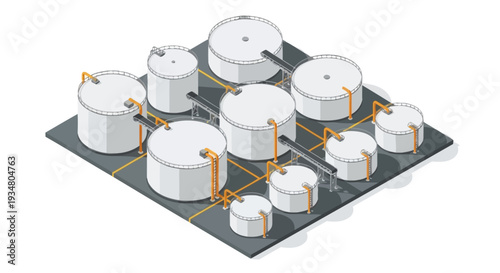 Industrial storage tanks connected by pipes, representing a refinery or chemical plant