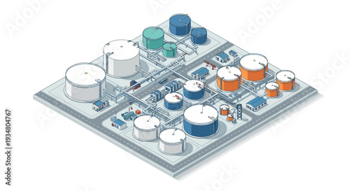 Industrial storage tanks and processing facilities with pipelines, an illustration of a large-scale petrochemical plant
