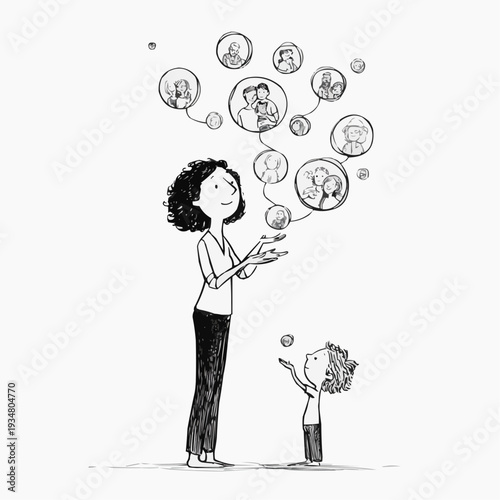 Mother showing child family and community connections in floating bubbles. Hand-drawn vector illustration.