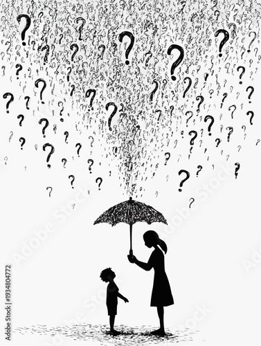 Hand-drawn illustration of mother protecting child with umbrella from a rain of question marks