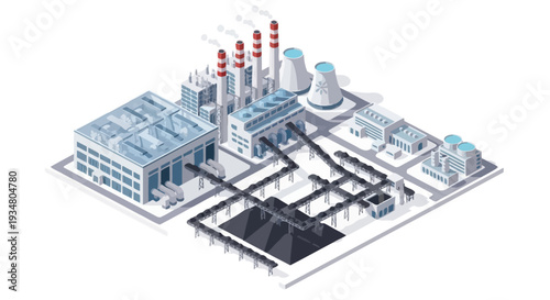 Industrial Factory Complex with Cooling Towers and Coal Storage Area, Vector Illustration