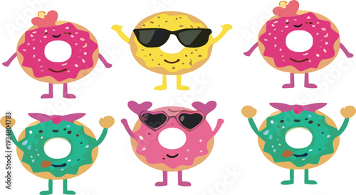 Cute Donut Cartoon Characters Collection with Colorful Glaze and Funny Faces Vector Illustration Set