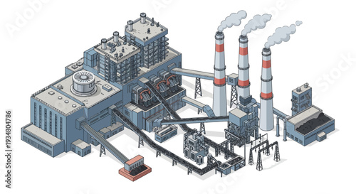 An isometric illustration of a large industrial power plant facility with smokestacks emitting steam, highlighting energy production and infrastructure