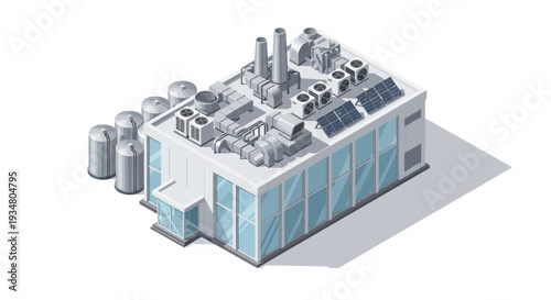 Modern industrial building with solar panels and cylindrical tanks, efficient manufacturing facility for sustainable production