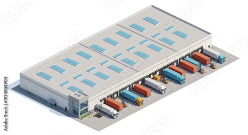 Isometric view of a modern warehouse with loading docks and trucks for logistics and delivery operations