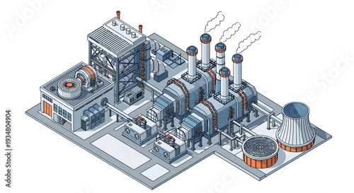 Isometric illustration of an industrial power generation plant with multiple turbines and cooling towers