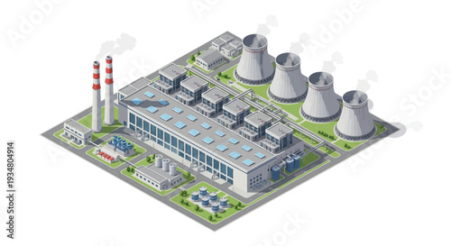 Modern industrial complex with cooling towers, power plant, and administrative buildings, symbolizing energy production and manufacturing