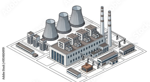 Isometric view of a modern industrial power plant with cooling towers and smokestacks, generating electricity