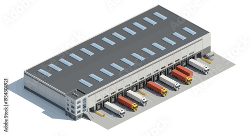 Logistics center with loading docks and trucks, an isometric view of a commercial warehouse facility