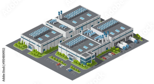 Modern industrial complex with clean energy solar panels on the roof