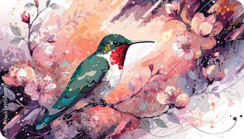 Artistic watercolor of a hummingbird with green and red plumage on a branch with pink and orange