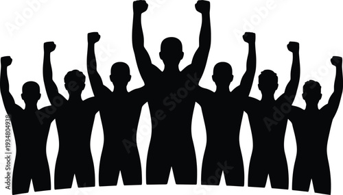 Group of 8 Black Silhouettes of People with Raised Fists Vector