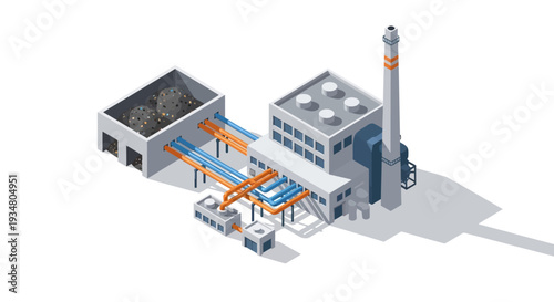 Isometric view of a modern industrial factory with pipes and a chimney, conveying manufacturing and production processes