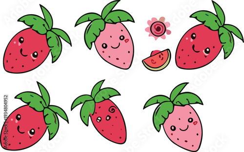 Cute Strawberry Cartoon Characters Vector Illustration Set with Kawaii Fruit Faces and Slice